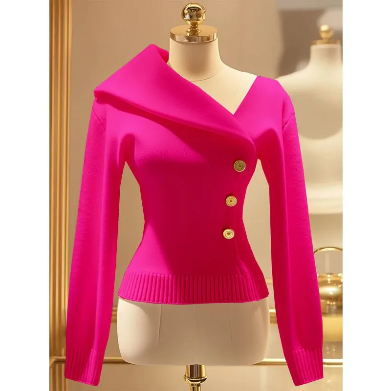 อารมณ์Elegant Niche Slim Fitสีทึบถักผู้หญิงฤดูใบไม้ร่วง2024ใหม่ไม่สมมาตรLapelเสื้อกันหนาวPullover
