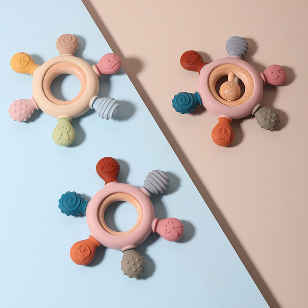 Siliconen bijtring babycadeau diervormige cartoon schattig bijtspeeltje kauwkraal zintuiglijke kauwgom reliëf fopspeen bel beukenhout zacht