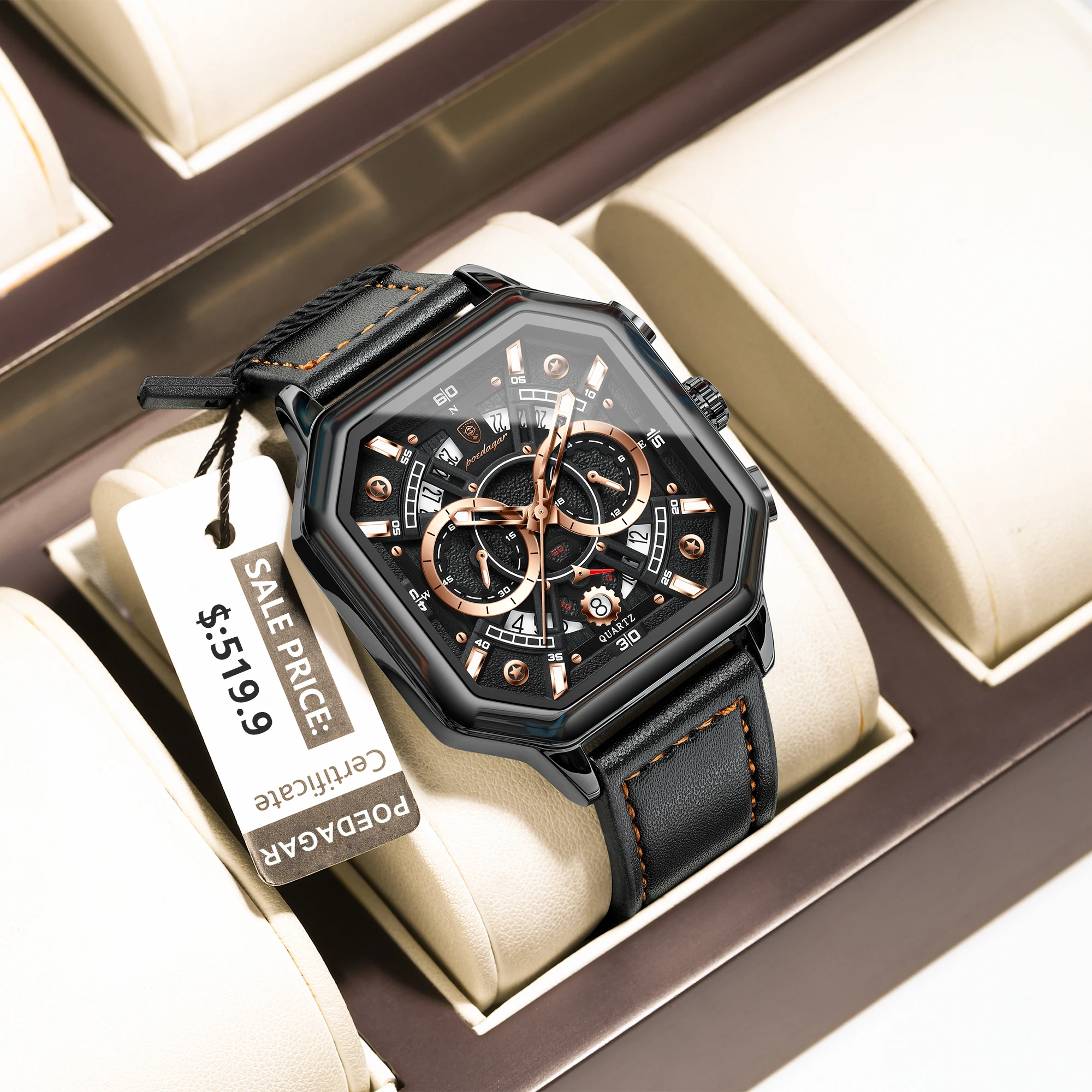 POEDAGAR, Reloj cuadrado con cronógrafo de lujo para Hombre, Reloj luminoso resistente al agua con fecha para Hombre, relojes deportivos de cuero para Hombre, Reloj de cuarzo para Hombre