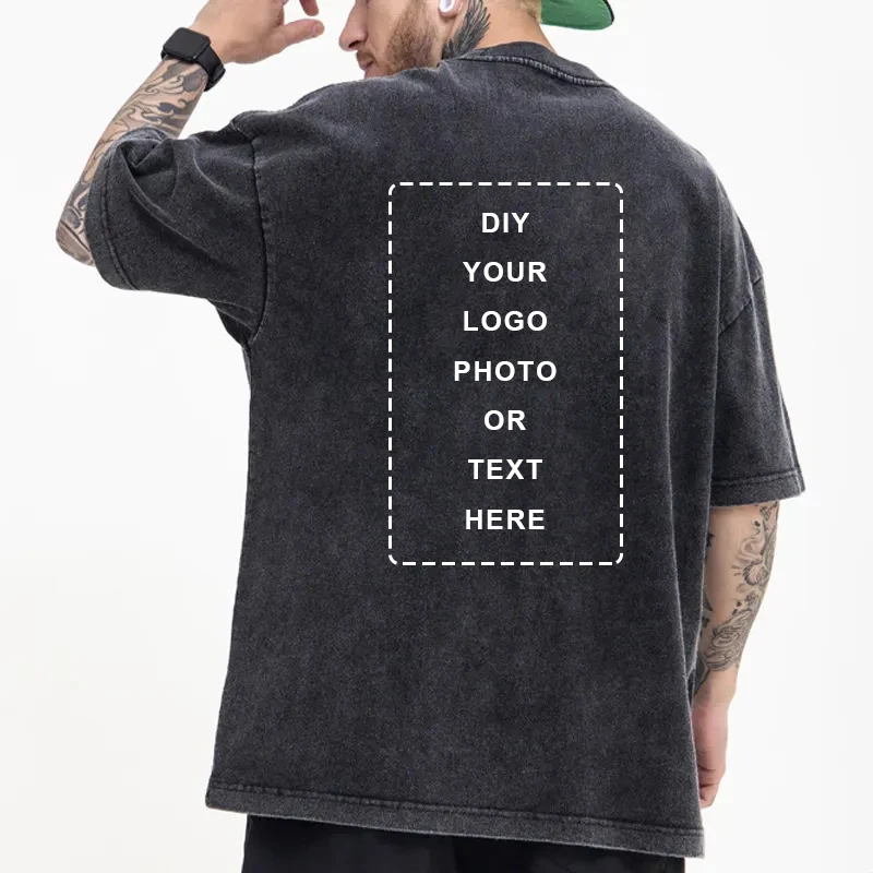 カスタマイズされたロゴヘビーウェイトウォッシュ加工 Tシャツユニセックスヴィンテージコットンバティックメンズ Tシャツストリート最小注文数量 1