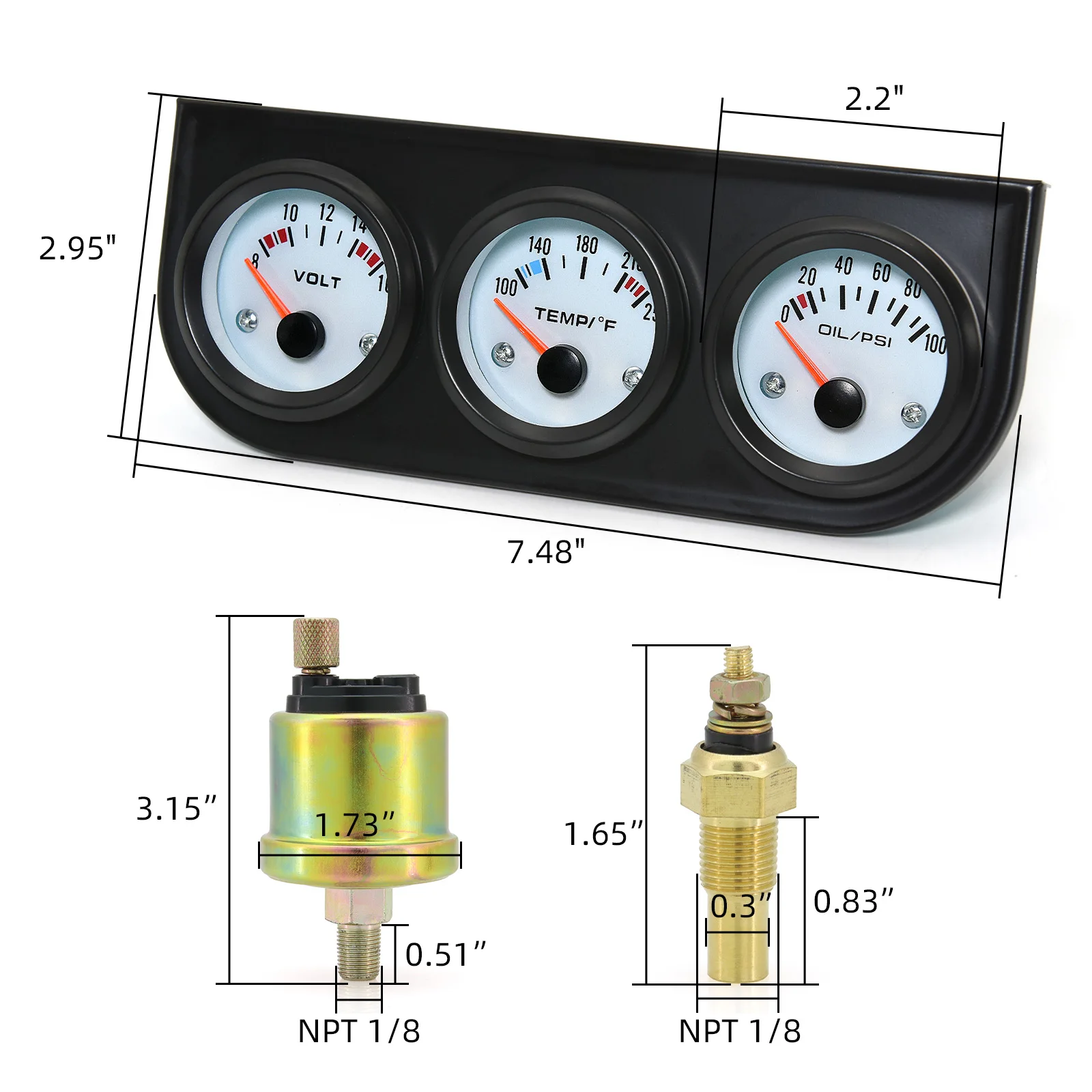 Voltímetro 3 em 1 8-16V Temperatura da água 100-250 ° Kit de medidor de pressão de óleo F 0-100psi com sensor triplo mete para caminhão SUV de carro