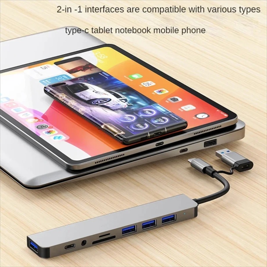 NEW 8 in 2 USB +Type C HUB Docking Station with 3.5mm Audio Jack Adapter Micro SD Card Reader Laptop Tablet Phone Disk Converter