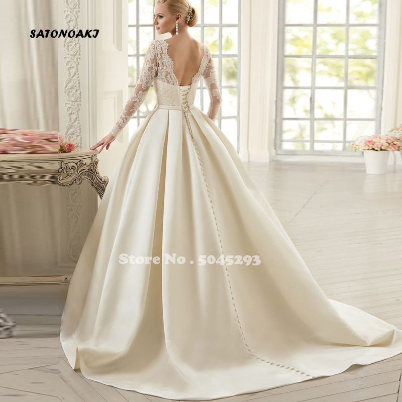 맞춤형 심플 아이보리 새틴 웨딩 원피스, A 라인 긴팔, 레이스업 스윕 트레인 신부 가운, 주머니가 달린