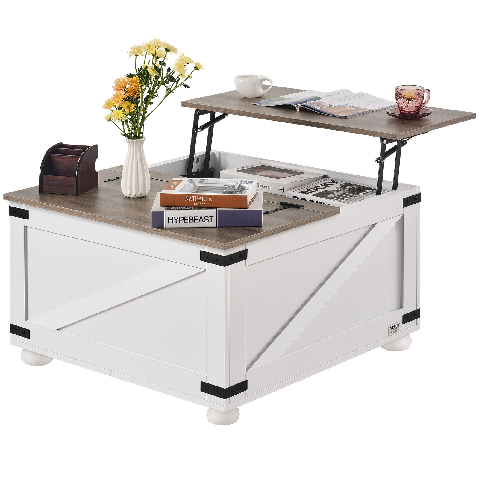 SucceBuy Mesa de centro de fazenda de 31,5 polegadas com dobradiça e elevador, mesa quadrada de café com compartimento de armazenamento para sala de estar, quarto, estúdio