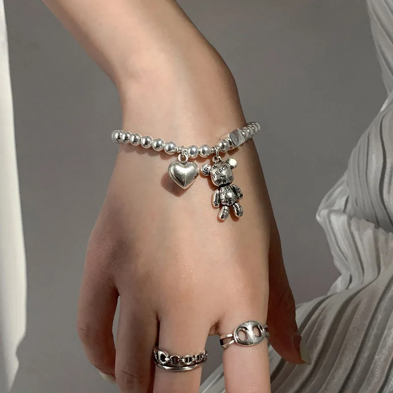 สร้อยข้อมือเงินแท้ 925 สําหรับผู้หญิง String ลูกปัดอุปกรณ์เสริม Trend Vintage น่ารักหมีจี้เครื่องประดับ