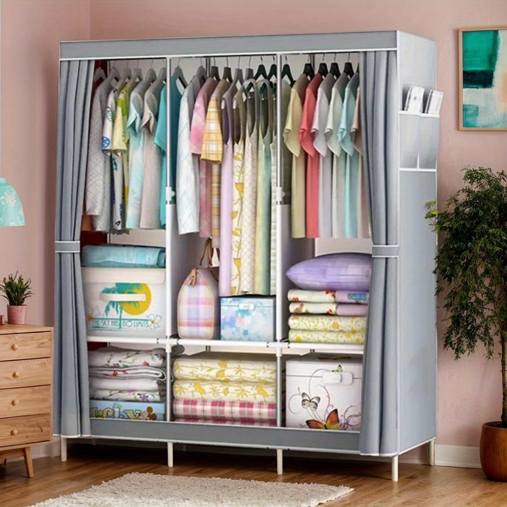 Simple Fabric Wardrobe, Metal & Plastic Bedroom Closet, Sturdy Steel Frame, Multi-Layer Storage Organizer for Dorm and Home Use