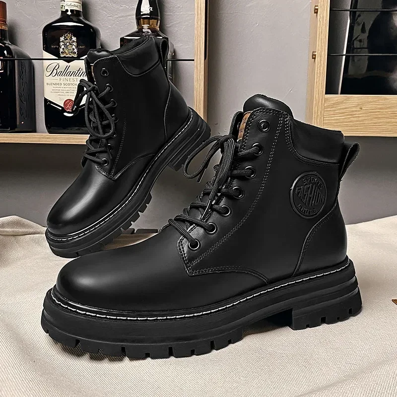 Botas altas informales Retro para Hombre, Botas gruesas de ruibarbo para invierno, botines de motocicleta con cordones, calzado de trabajo, Botas para Hombre