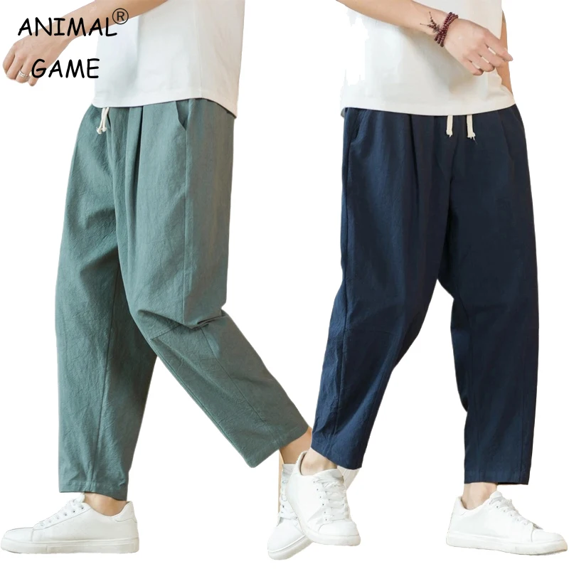 Nuovi pantaloni da uomo in lino di cotone casual tinta unita traspirante streetwear pantaloni sportivi leggeri larghi con coulisse dritta