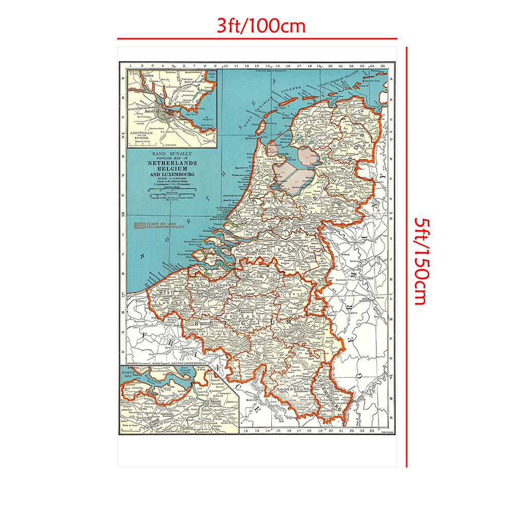 Retro Wall Art Poster, Pintura Canvas, Home Decor, material escolar, A Bélgica e Países Baixos, Mapa de 1936, 100x150cm
