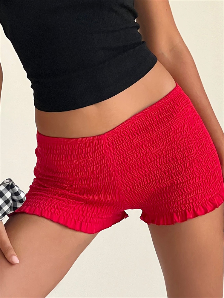 CHRONSTYLE Damskie szorty z marszczeniami Slim Fit Casual Elastyczna talia Jednokolorowe krótkie spodnie z falbankami na letnią imprezę Clubwear 2024 Nowość