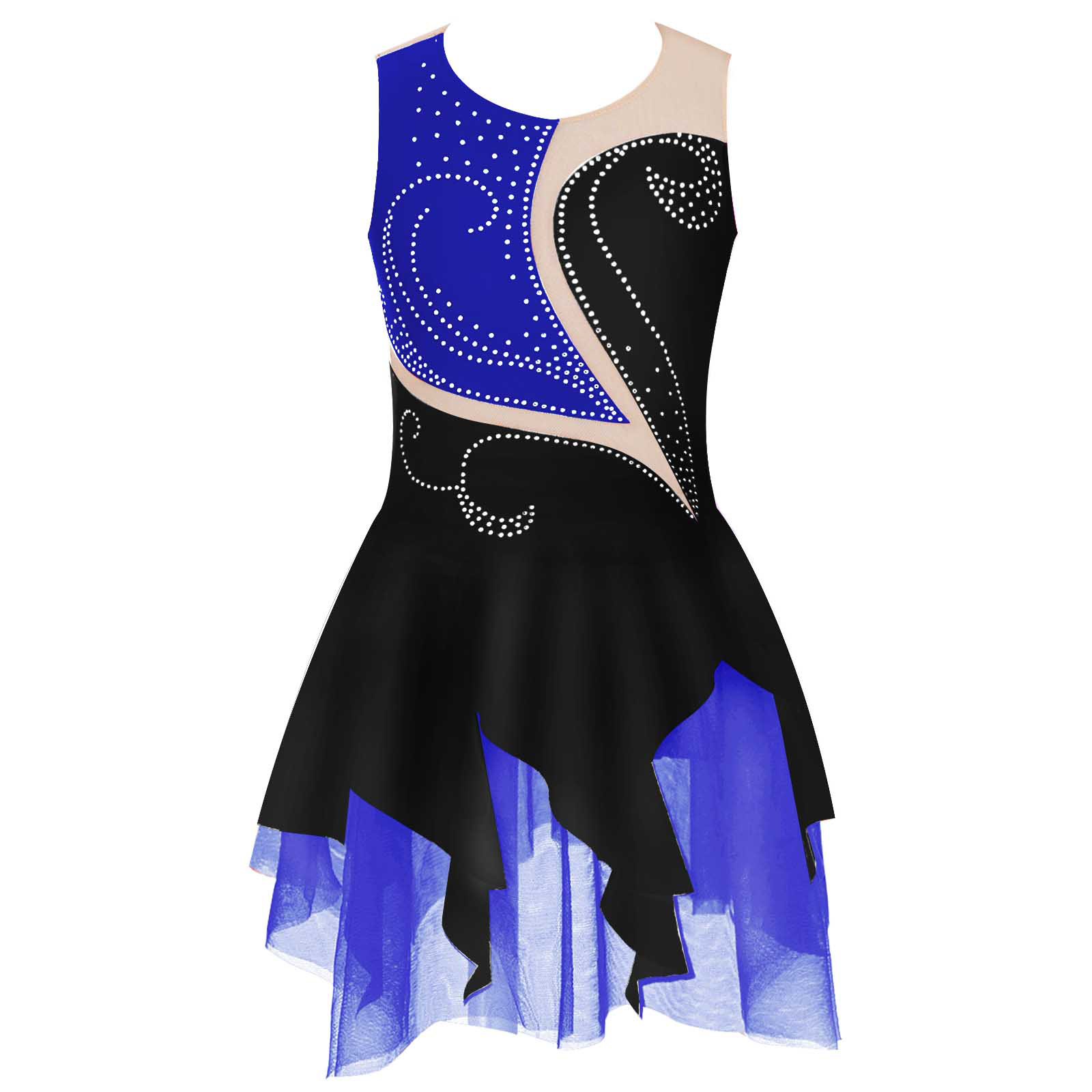 Vestido de baile lírico de Ballet para niñas, sin mangas, escote redondo, decorado con diamantes de imitación, vestido de baile de patinaje artístico de retazos