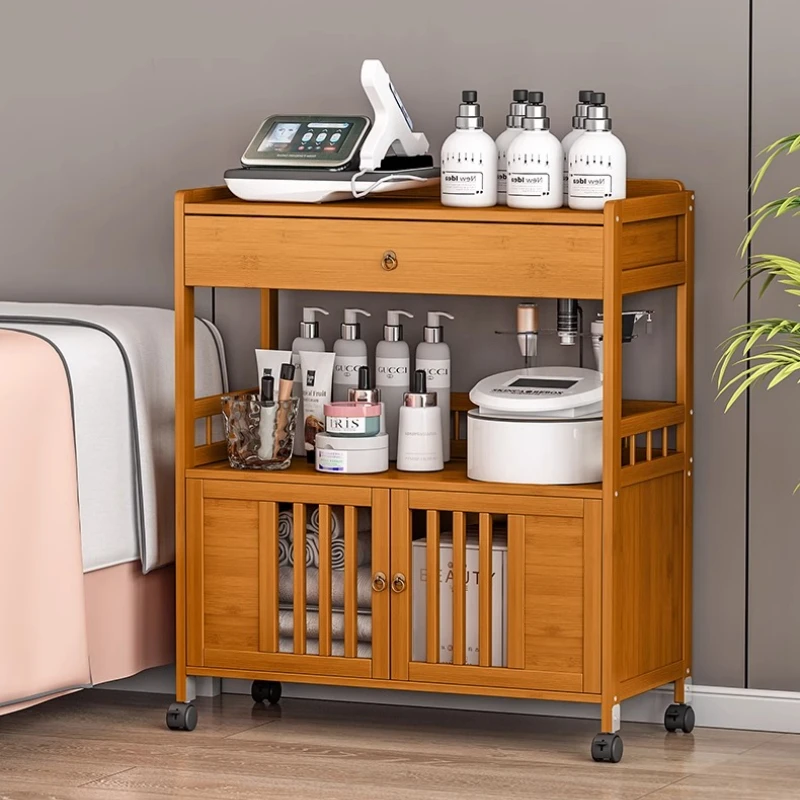 Semplice armadietto per bellezza in bambù Carrello per salone di grande capacità Porta strumenti cosmetici a più livelli Portaoggetti per strumenti per parrucchieri