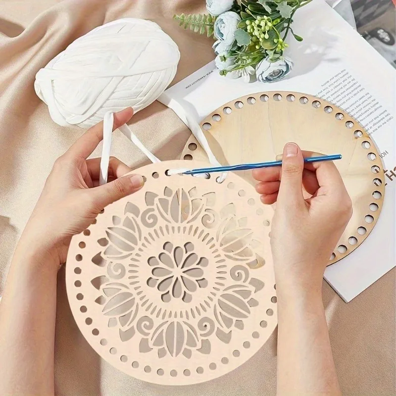 2 stücke Natürliche Holz Korb Boden Kreis Blank Hohl Häkeln Korb Holz Basis DIY Häkeln Tasche Boden Form Prozess