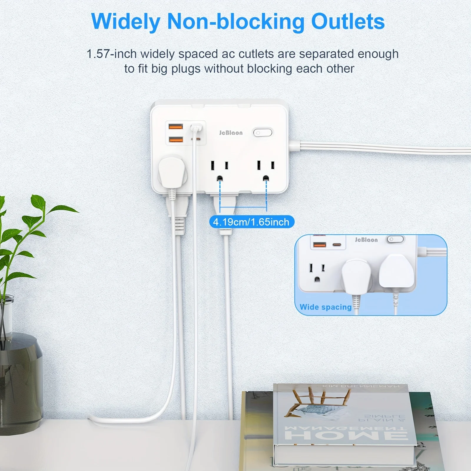 Protetor contra surtos plugue americano plano ultrafino com 6 tomadas amplamente 4 portas USB, cabo extensor de 5 pés, adaptador de faixa de energia para escritório doméstico