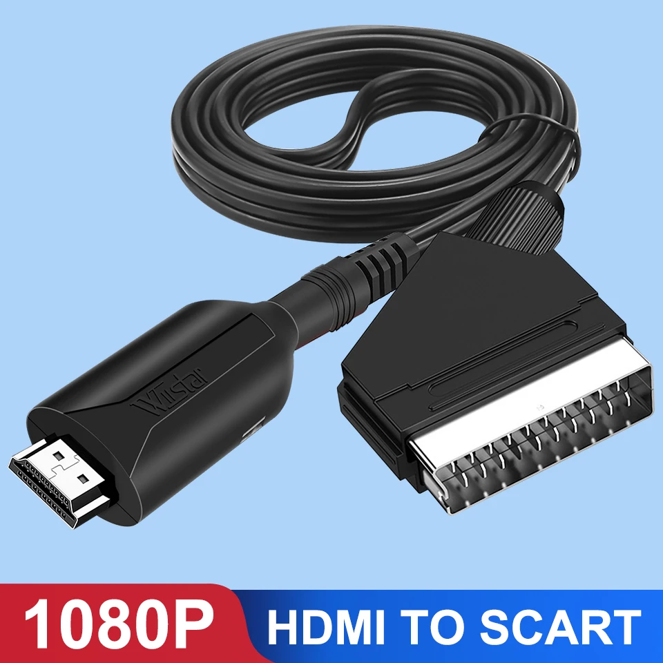 Adaptador convertidor de Audio y vídeo HDMI a SCART de 1080P, entrada HDMI a salida Scart para HDTV DVD Sky Box STB con Cable de alimentación USB