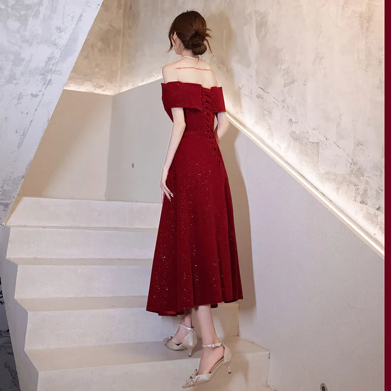DongCMY ใหม่หนึ่งไหล่ชุดราตรีคอเรือหมั้น Boho ชุดมักจะสวมใส่ Elegant Red PARTY Dresses สําหรับผู้หญิง 2025
