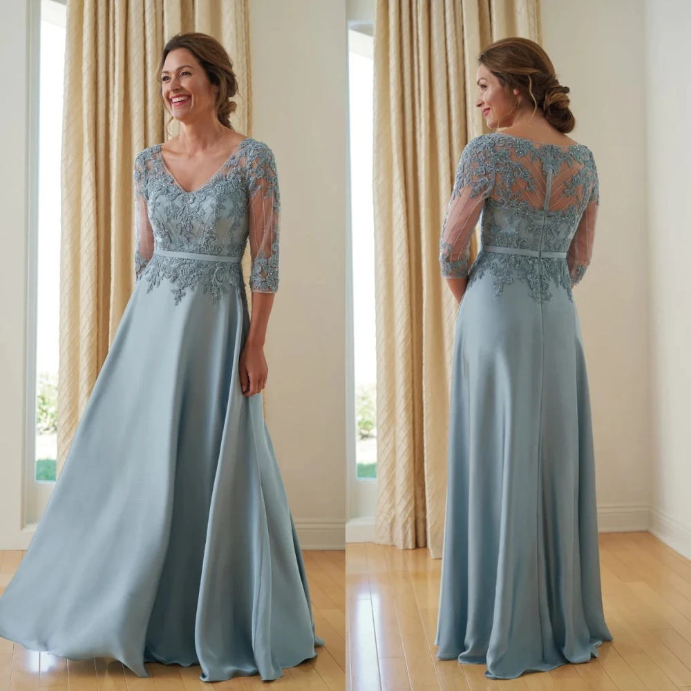 Robe mère de la mariée en dentelle à col en V pour femme, robe de soirée élégante, robe de Rhpour la fête de mariage, manches 3/4
