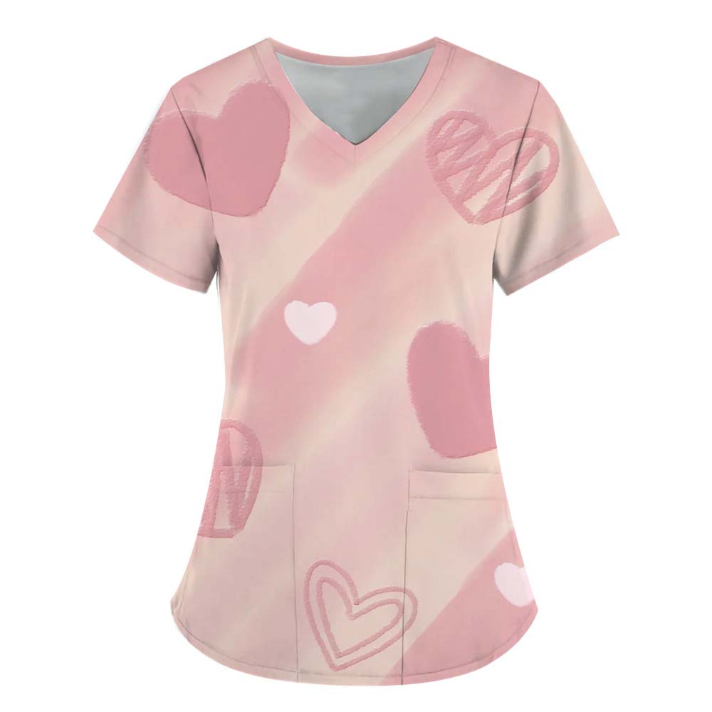 Impressão em coração com decote em v uniforme médico elástico para mulheres, casual, manga curta, bolsos remendados, tops