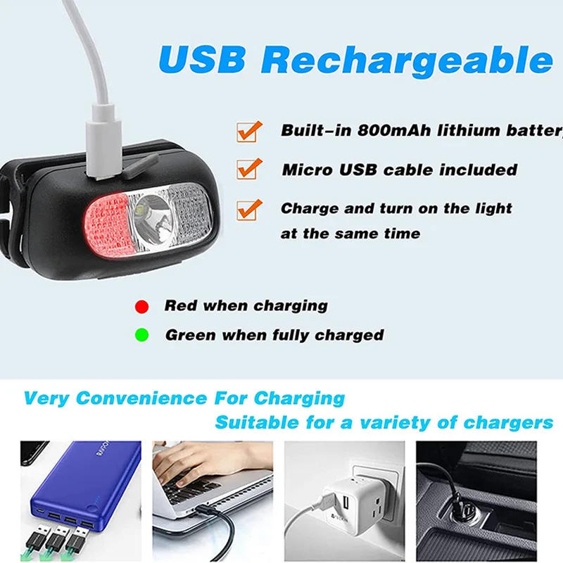 Linterna frontal con Sensor LED, luz de trabajo impermeable, recargable por USB, linterna superbrillante para correr al aire libre, pescar y acampar