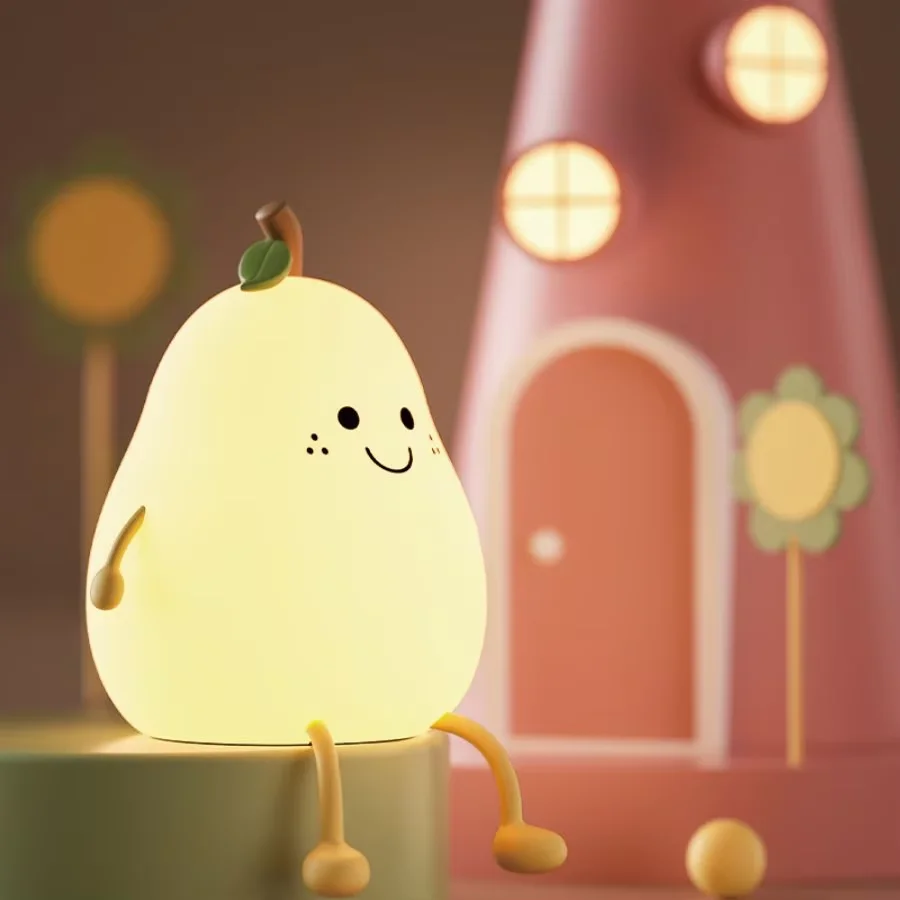 Led pêra fruta silicone luz da noite 7 cores escurecimento toque usb recarregável dos desenhos animados lâmpada de cabeceira decoração do quarto bonito presente do miúdo