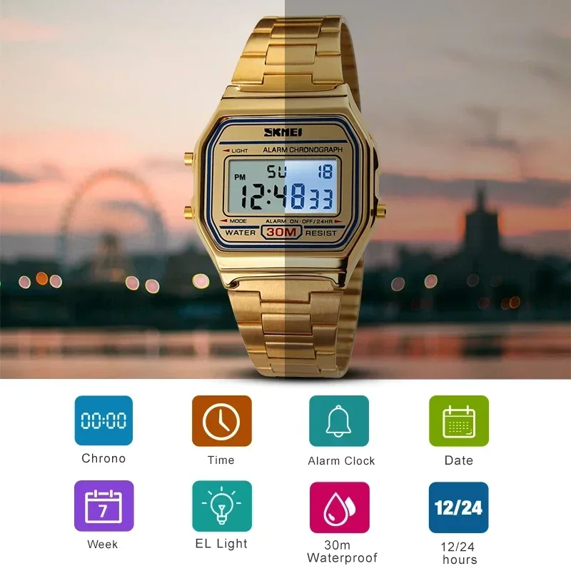 Skmei moda hombres correa de acero inoxidable pantalla LED 3Bar Reloj Digital impermeable Reloj Hombre para Casual 1123 relojes deportivos