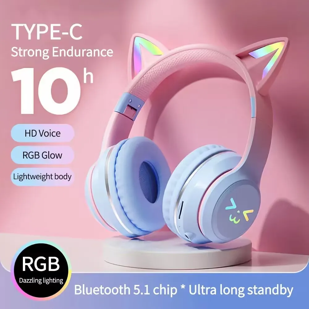 Auriculares portátiles con brillo RGB, luz controlable con Bluetooth, oreja de gato, reducción de ruido, inalámbricos, Bluetooth, Pc Gamer