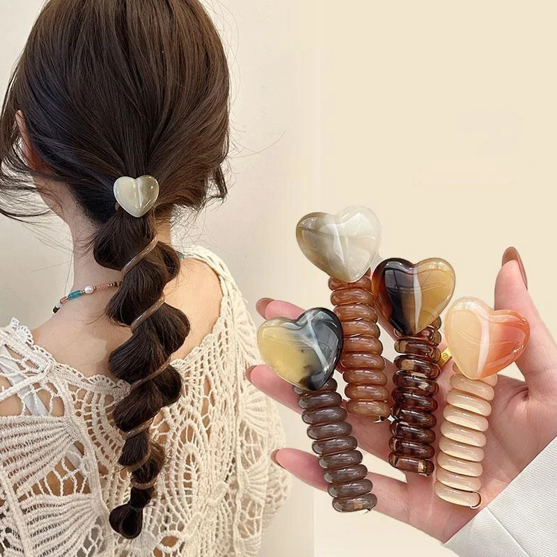 1 unidad de bandas de goma elásticas con forma de corazón para mujeres y niñas, lazos para el cabello con cable telefónico, diademas con carrete en espiral, accesorios para coleteros