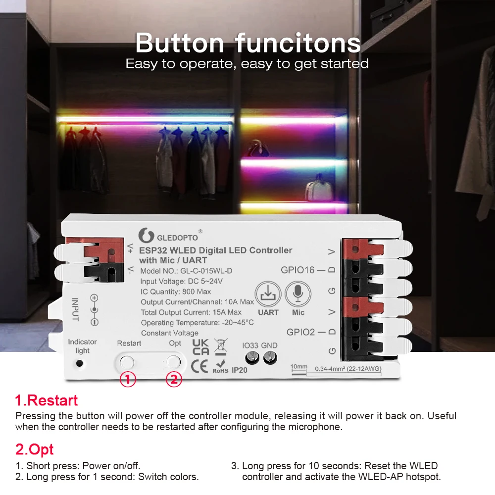 GLEDOPTO ESP32 WLED LED Controller Mic UART Download Music Sound Dynamic RGB DIY WiFi WS2811 WS2812 SK6812 TM1814 WS2813 WS2815
