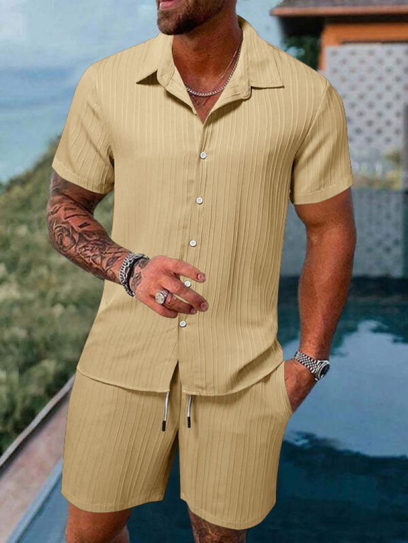 Men's beach suit striped solid color short sleeve shorts shirt Sports casual breathable lightweight high quality men's wear ins