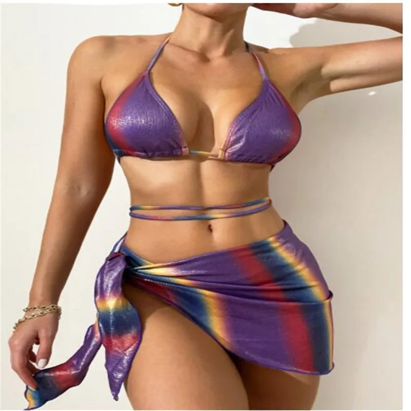 2024 baru baju renang seksi wanita musim panas gradien warna Bikini tiga potong renda-up balutan empuk Monokini pakaian pantai berongga