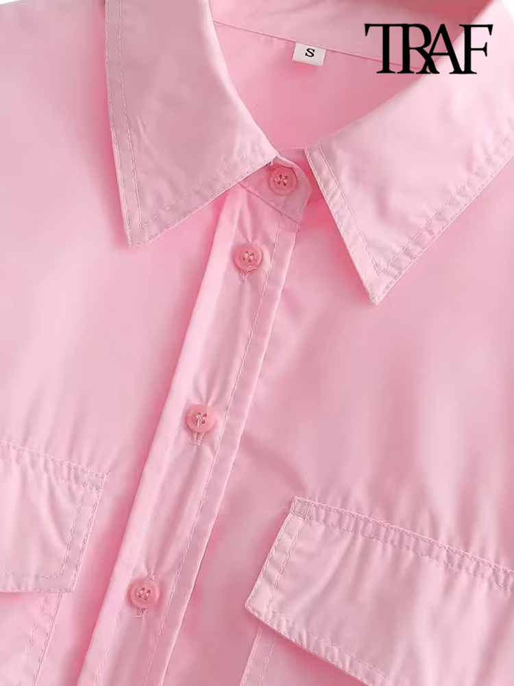 ONKOGENE Frauen Mode Mit Taschen Lose Gestellte Popeline Shirts Vintage Langarm Button-up Weibliche Blusen Blusas Chic Tops