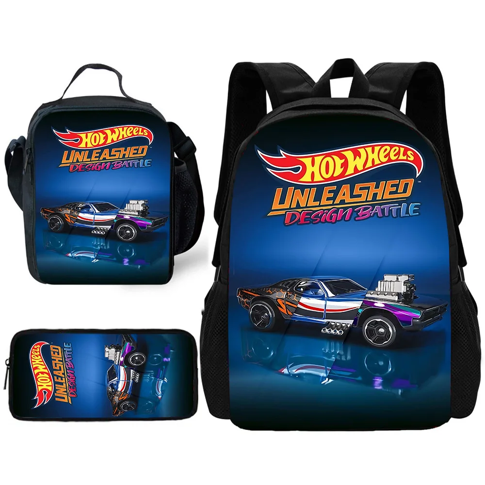 Plecak szkolny dla dzieci z kreskówkowymi torbami na lunch Hot Wheels Cars, piórniki, torby szkolne dla chłopców dziewcząt najlepszy prezent