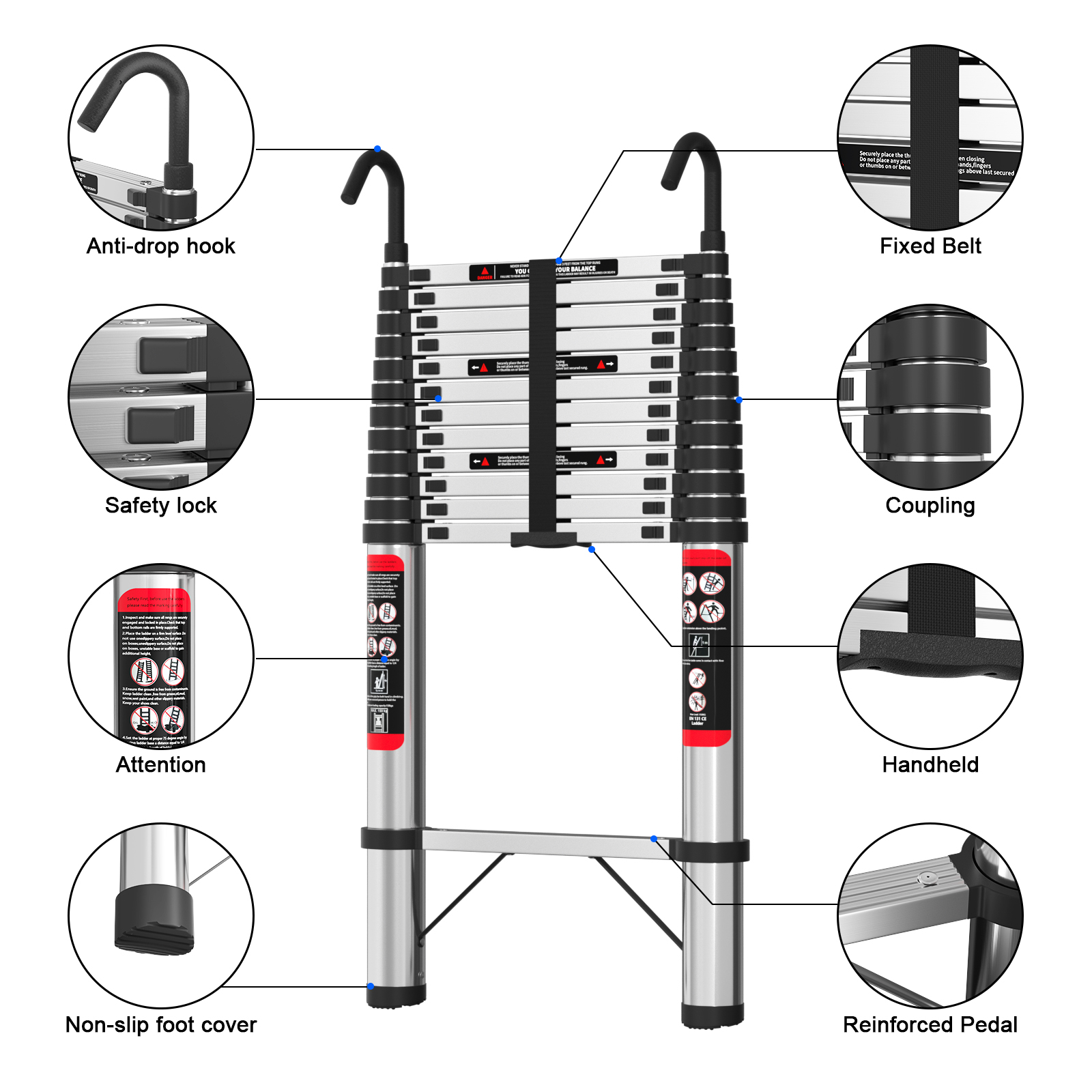 5m Telescopic Ladder Stainless Steel Convenient Extendable ,For Pulling Walls, Changing Light Bulbs,Repairing Roofs,RV