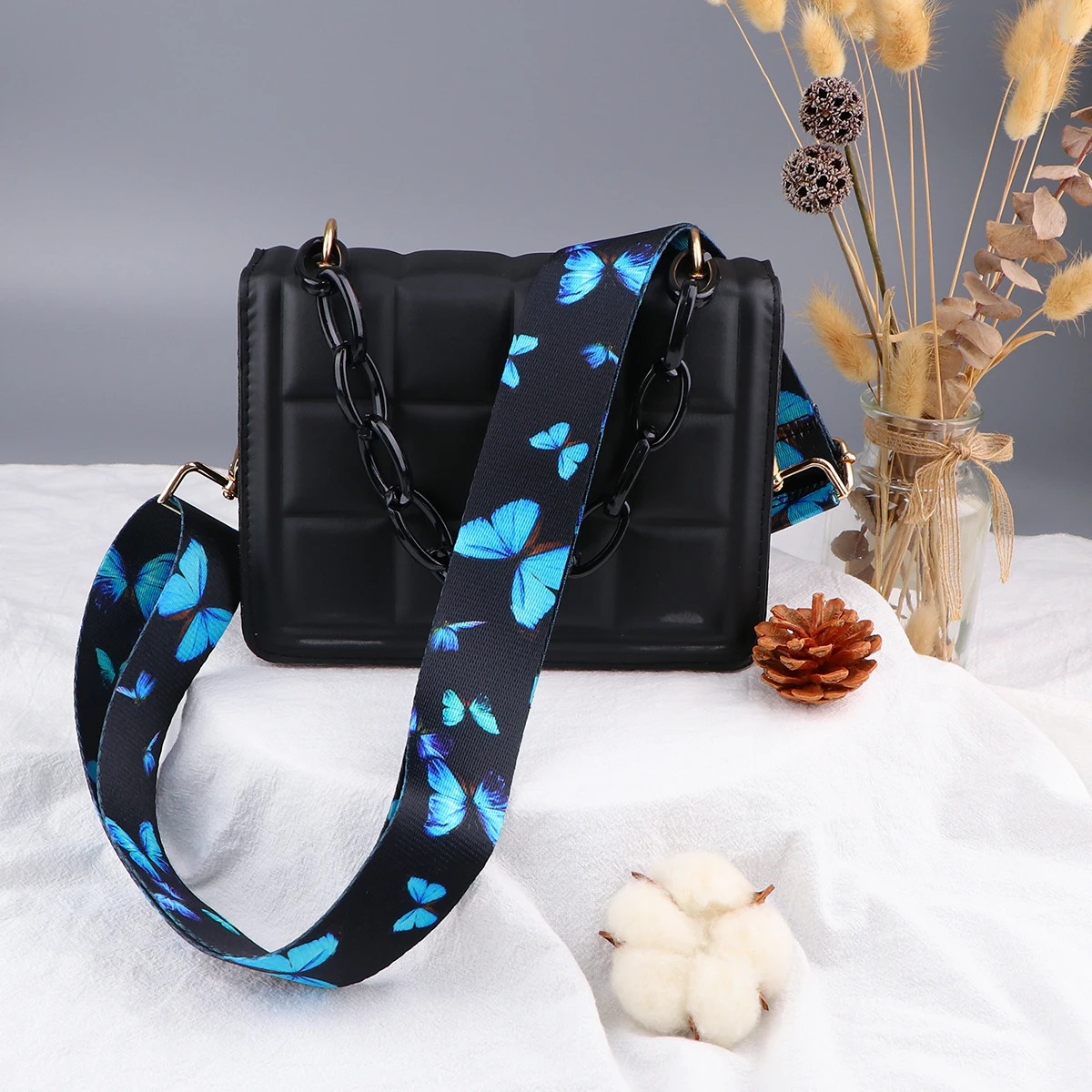ดอกไม้ผีเสื้อรูปแบบผู้หญิงไหล่ Messenger กระเป๋า DIY ไนลอนปรับได้กระเป๋าอุปกรณ์เสริมกระเป๋าถือหญิงสายคล้อง