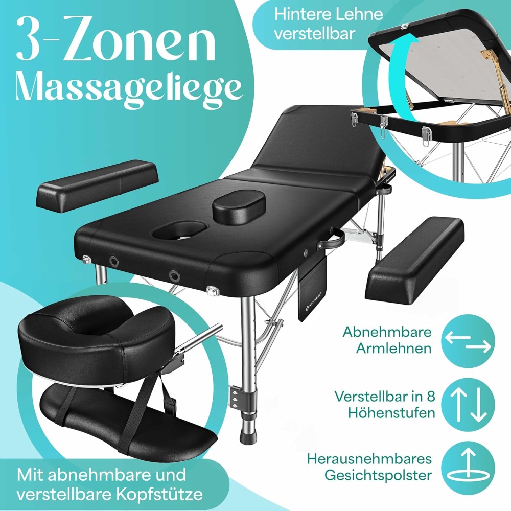 Mesa de masaje móvil, cama de masaje plegable y ajustable en altura, 3 zonas, mesa de masaje, cama estética