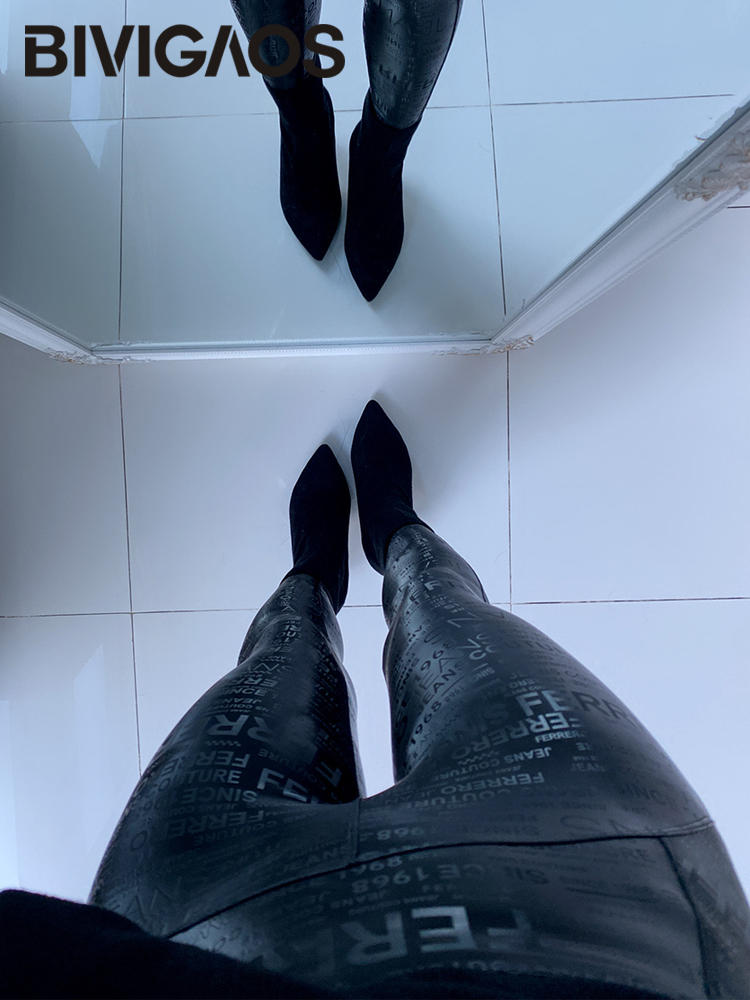 BIVIGAOS 手紙落書きレザーレギンス女性秋冬スリムフリース暖かいレギンスゴシックオートバイ革ペンシルパンツ