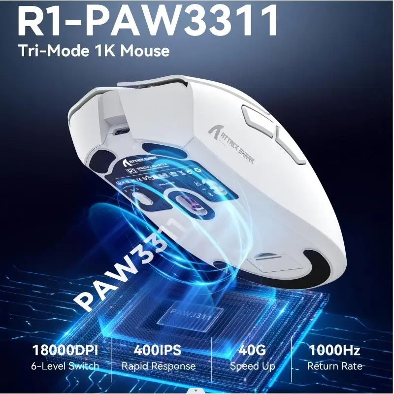 Ratón inalámbrico Attack Shark de 18000DPI, 1000 Hz, PAW3311, conexión multimodo Bluetooth, ratón macro para juegos R1