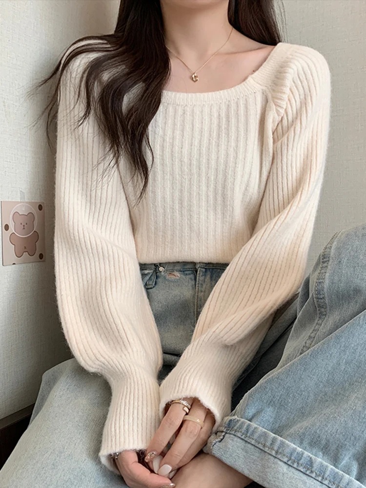Herbst Winter Lose Frauen Pullover Casual Weiche Lange Puff Sleeve Pullover Jumper Strickwaren Grundlegende Pullover Für Frauen Tops