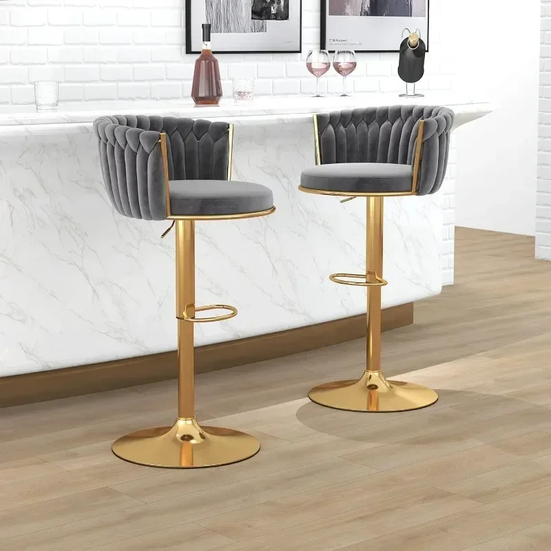 Bar Stool Set of 4, Velvet Swivel Barstools, Height Adjustable Counter Stools with Woven Backrest, Upholstered Modern