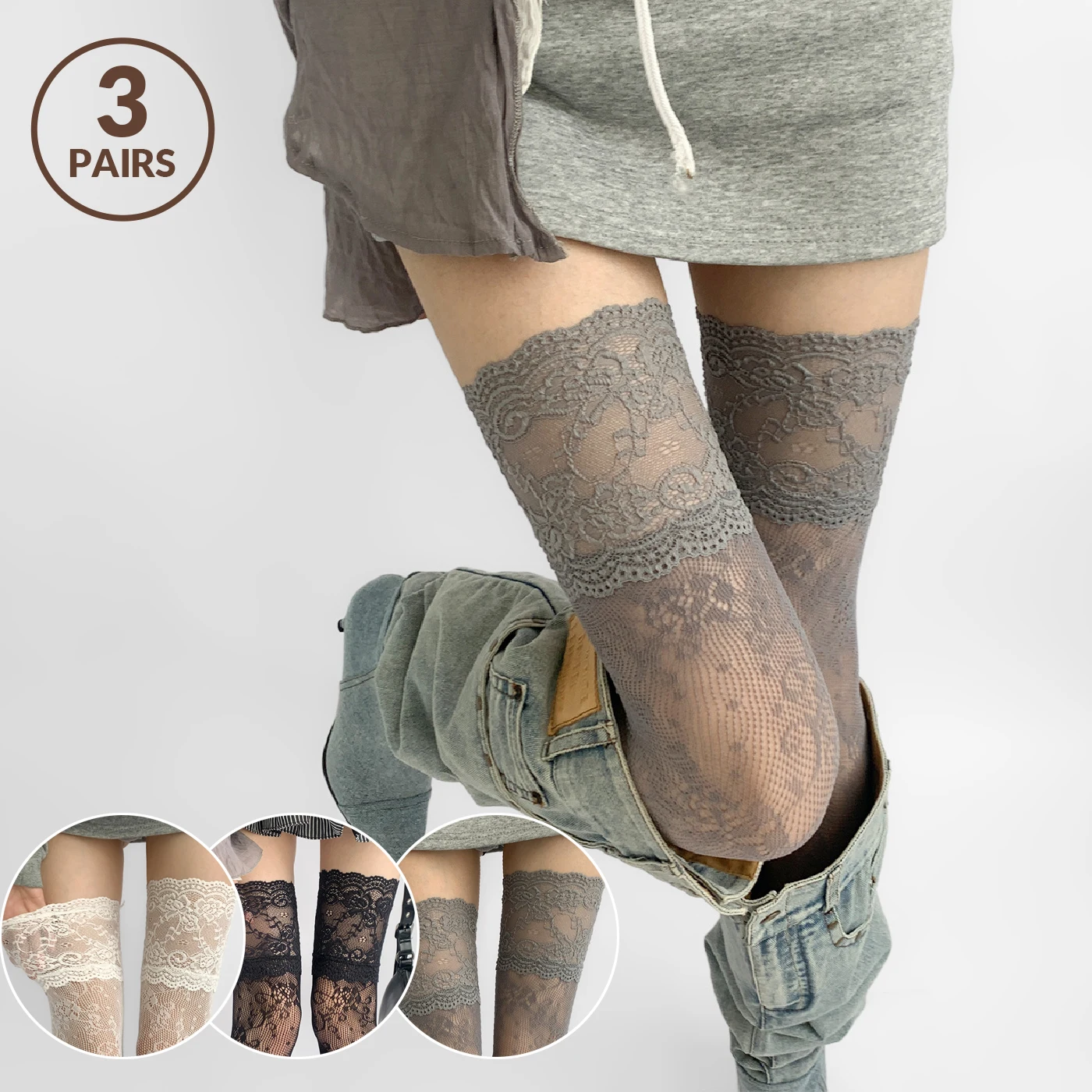 1/3 pares feminino flor rendas fishnet coxa meias altas sexy rendas floral meias arrastão sobre o joelho meias longas
