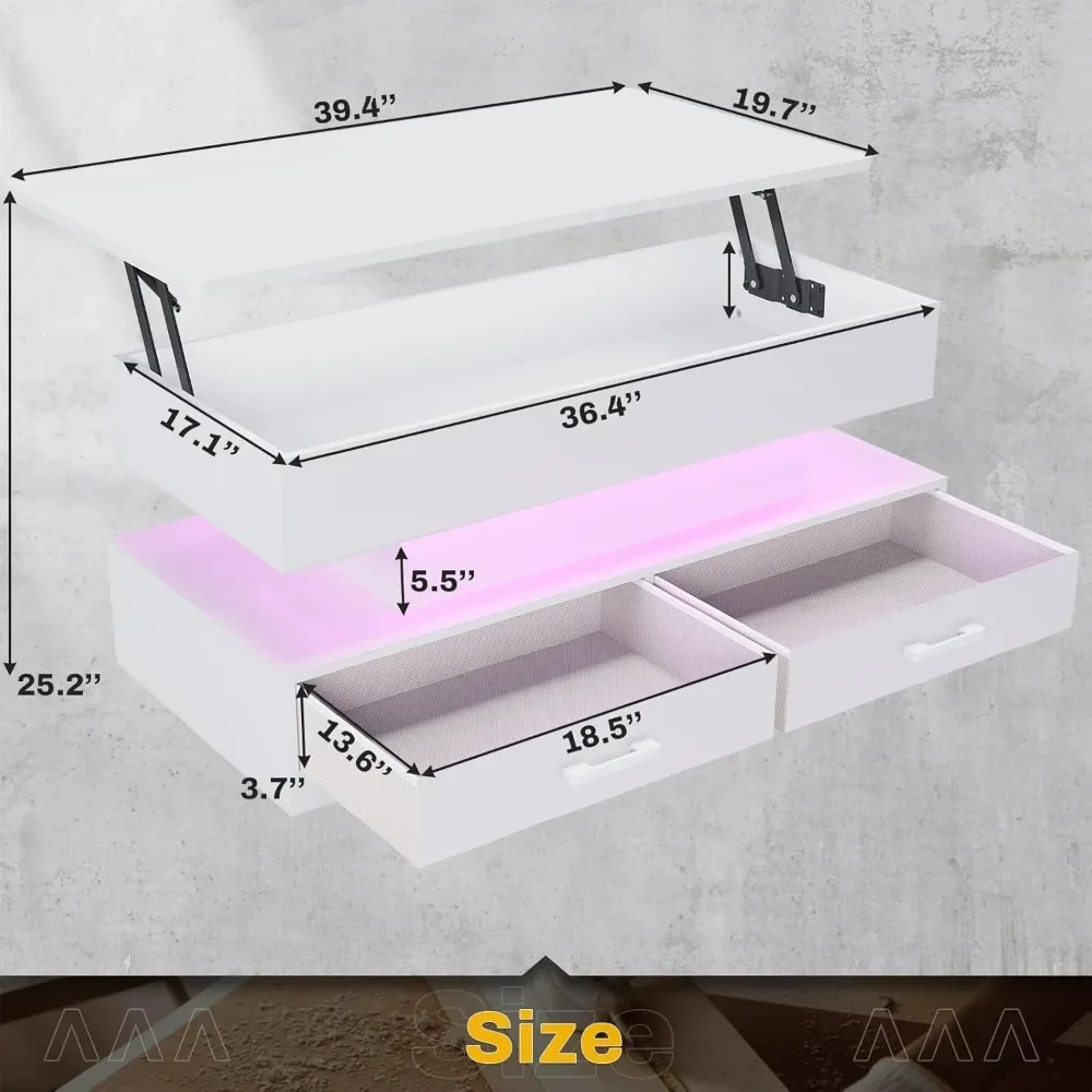 Anpassbarer Couchtisch mit Hubplatte, Couchtische mit Stauraum für Wohnzimmer, kleiner Couchtisch mit 2 Stoffschubladen und LED-L