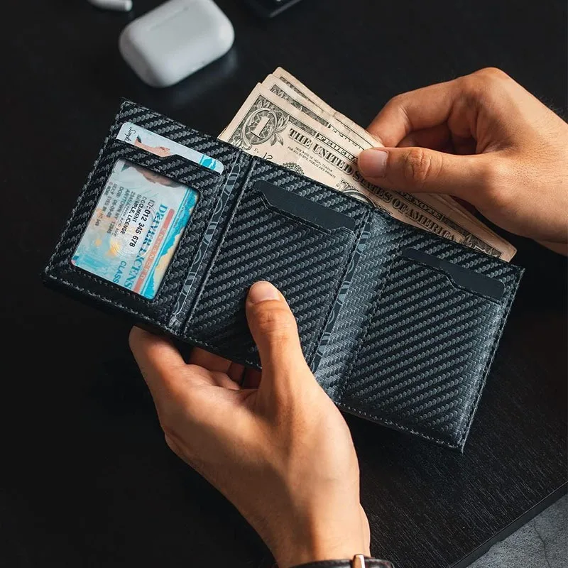 กระเป๋าสตางค์พับสองทบผู้ชายคาร์บอนไฟเบอร์และอลูมิเนียม - RFID Blocking ที่ใส่บัตรป๊อปอัพอัตโนมัติ, ช่องใส่เหรียญ, กระเป๋าเงินธุรกิจ