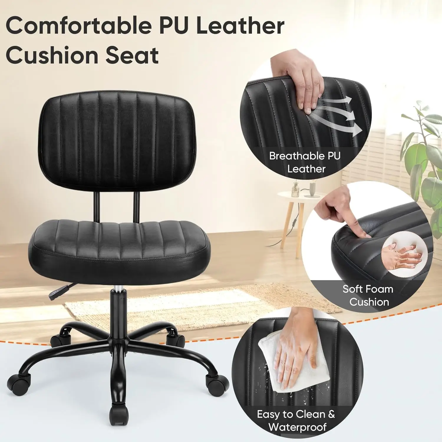 Armless Home Office Desk Chair Ergonomic with Low Back Lumbar Support Height Adjustable  with 360° Swivel Rolling Wheels