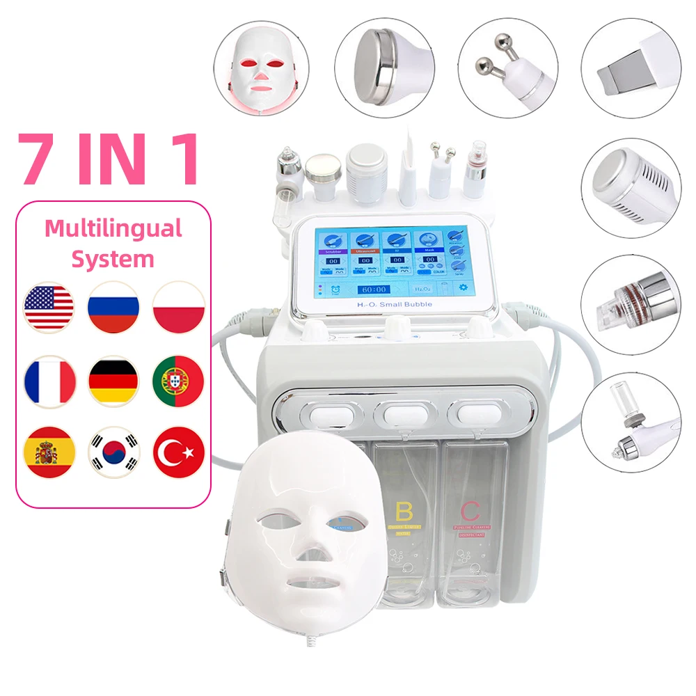 7 in 1 Beauty Hydro Water Oxygen Skin Peel Equipment H202 Deep Cleaning Small Bubble Face Massage Machine With Led Mask For Spa