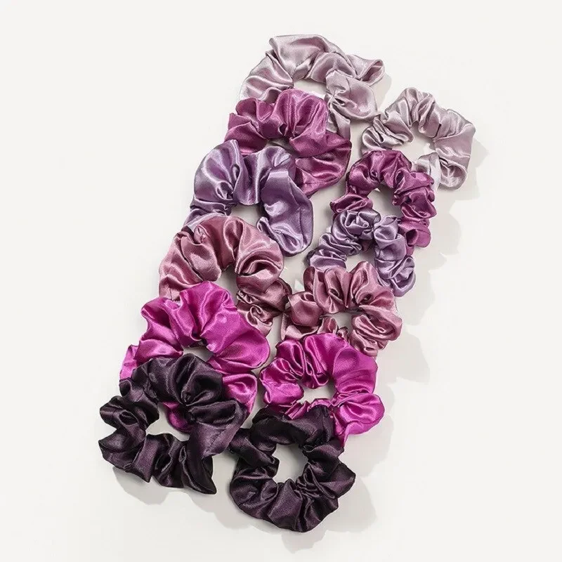 12 Stück lila eleganter Satin 6 Stück Dickdarmring + 6 Stück Dünndarmring elastisches Pferdeschwanz-Haarseil-Geschenkset