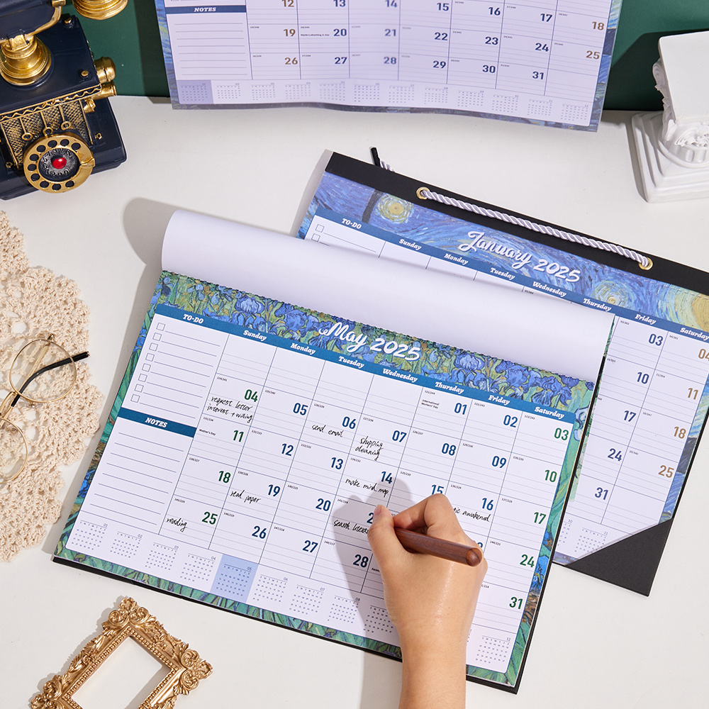 12 Blatt Vintage 2025, Gemälde, Wandkalender, wasserdichte Abdeckung, Wochenplaner, Arbeitszimmer, Check-in-Nachricht, Hängekalender