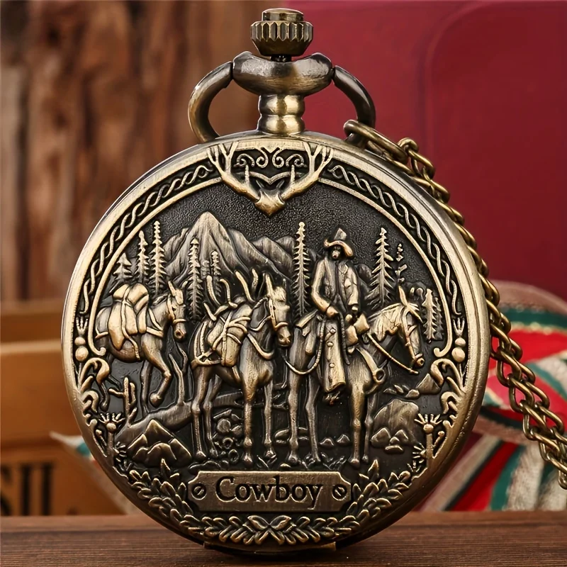 Collar de reloj de bolsillo de cuarzo con diseño de patrón antiguo COWBOY - Reloj de regalo vintage único para hombre