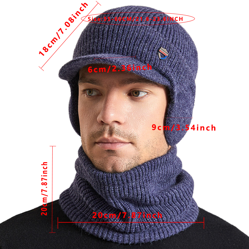 2 Teile/satz männer Gestrickte Hut Schal Gestreiften Weben Kurze Krempe Skullies Kappe Dicke Fleece Gefüttert Winddicht Ohrenschützer Reiten Hut im Winter
