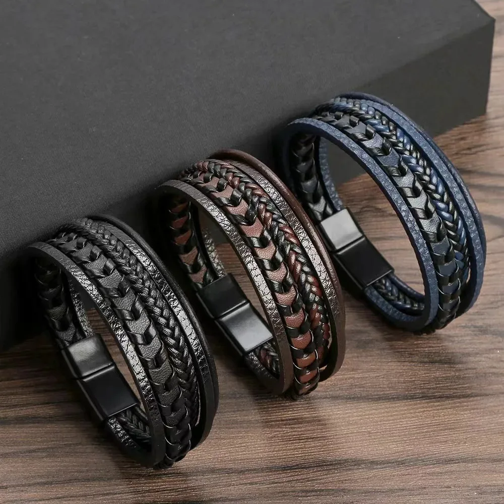 1pc na moda acessórios masculinos liga fivela magnética multi camada retro corda de couro trançado pulseira moda vestir