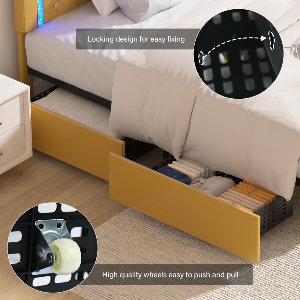 Twin Bed Frame with Storage Drawers & LED Lights, Upholstered Twin Bed with Diamond-Tufted Headboard, Modern Kids Bed for Girls,
